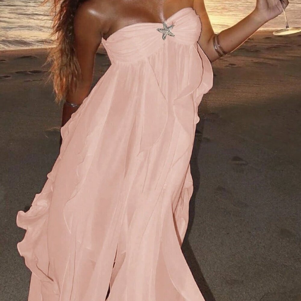 Apricot Elegant Women's Vacation Woven Asymmetrical Hem Ruffle Dress